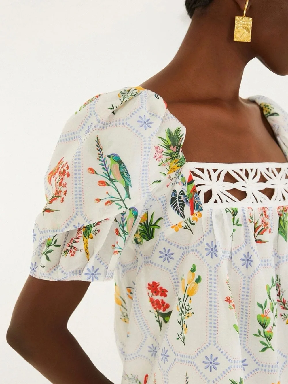 Floral Print Square Neck Puff Sleeve Top - White